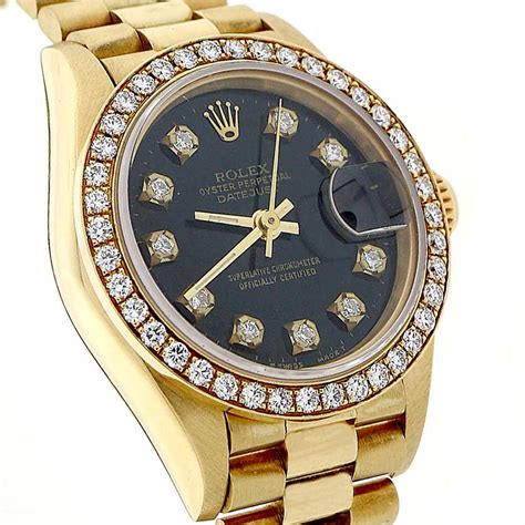 ladies rolex president black dial diamond bezel|rolex lady datejust 18k gold.